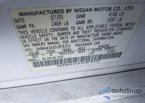 2005 Nissan Maxima 3.5 Sl from USA, damaged, VIN 1N4BA41EX5C876352